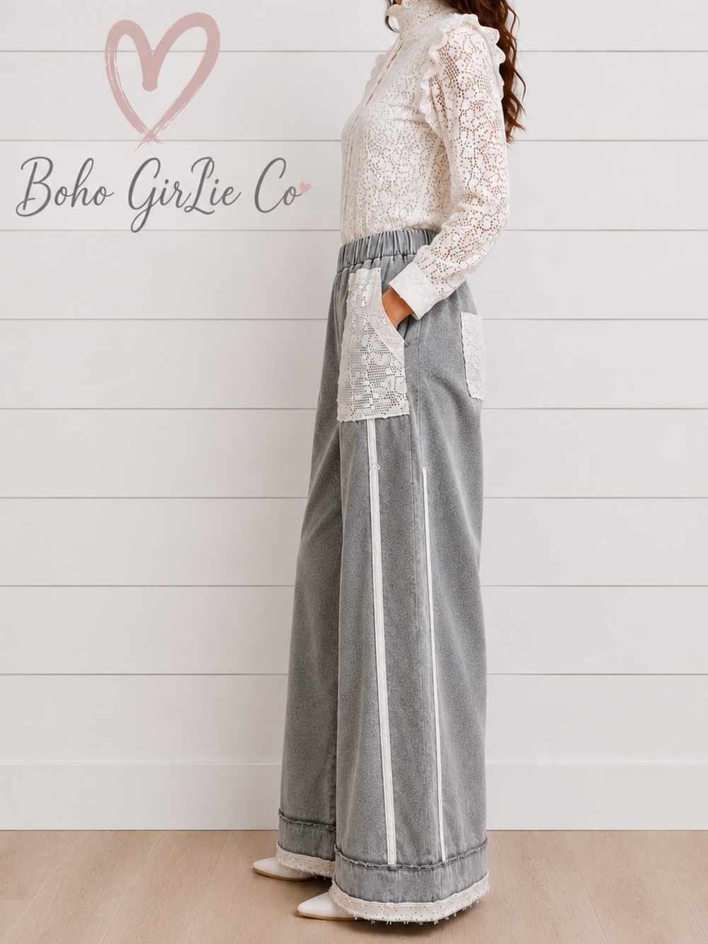 NEW POL : “The Gianna”Wide Leg Lace-Trim Patch Pocket Pants - Gray & White - Picture 2 of 5